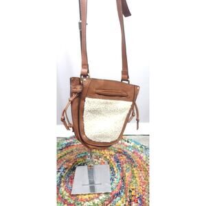 Crown Vintage Small Leather Faux Sherpa Drawstring Bucket Crossbody